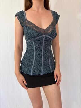 Ann Ferriday Y2K Lace Coquette Milkmaid Top Navy Blue